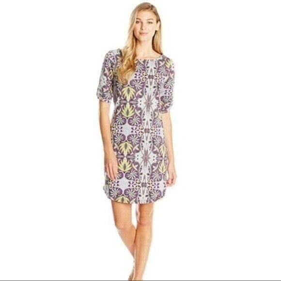 SOYBU Elana Fresco Mosaic Sheath Dress Stretch Roll-Tab Sleeve in Purple - Picture 2 of 10